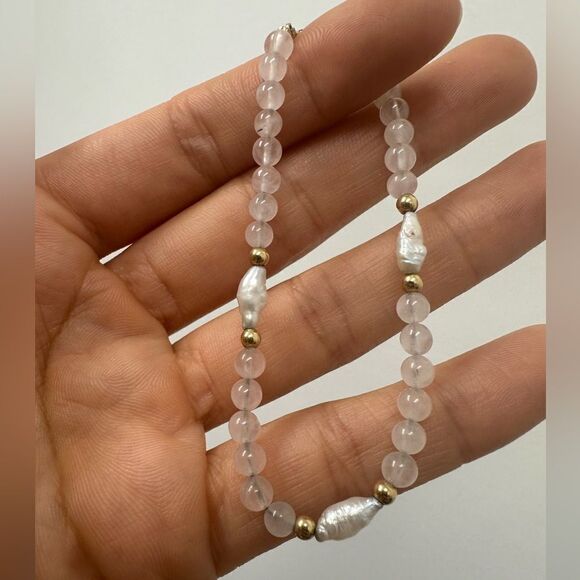 Vintage 14k Yellow Gold Pearl Rose Quartz Bead Ball Bracelet 7" - Picture 7 of 11